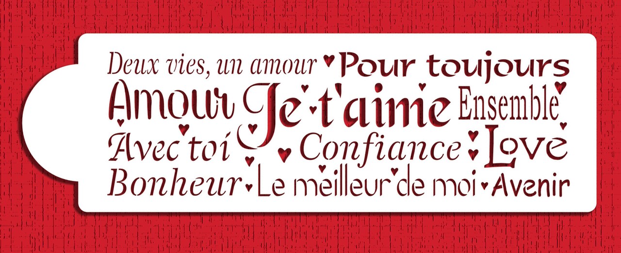 French Words of Love Cake Stencil Side | C941 by Designer Stencils | Cake Decorating Tools | Baking Stencils for Royal Icing, Airbrush, Dusting Powder | Reusable Plastic Food Grade Stencil for Cakes | Easy to Use & Clean Cake Stencil